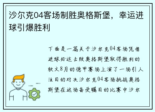 沙尔克04客场制胜奥格斯堡，幸运进球引爆胜利