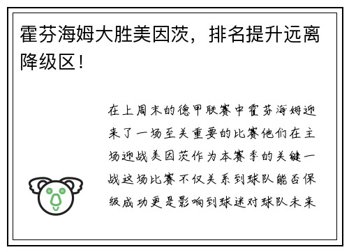 霍芬海姆大胜美因茨，排名提升远离降级区！
